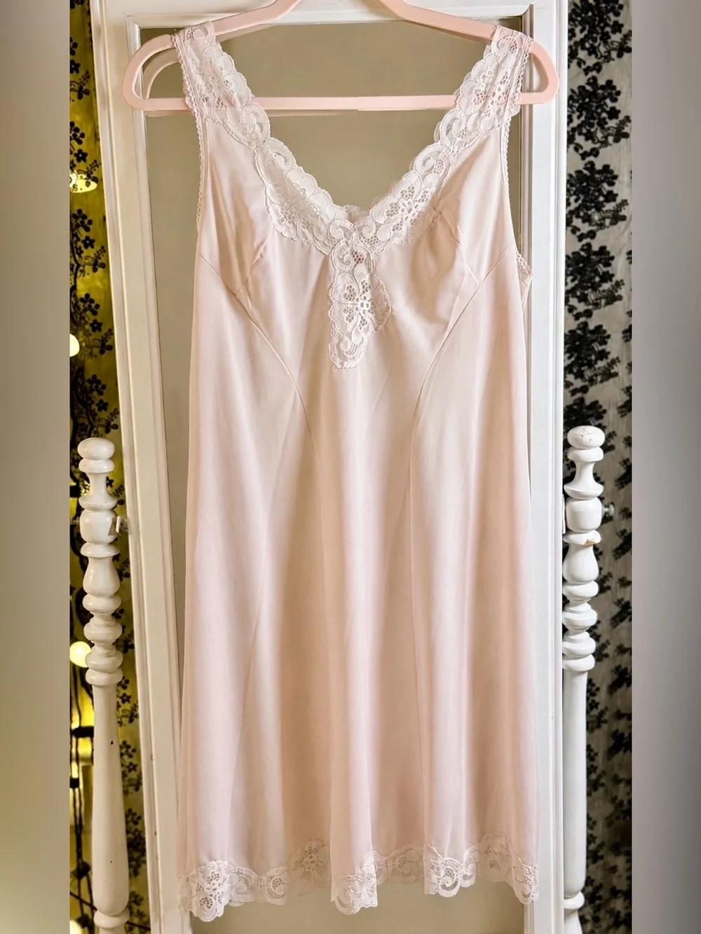 Vintage Blush Pink Lace Trim midi Slip Nightgown | Size 4